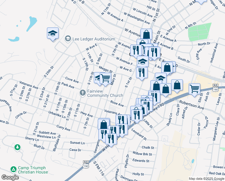 map of restaurants, bars, coffee shops, grocery stores, and more near 803 Mary Street in Copperas Cove