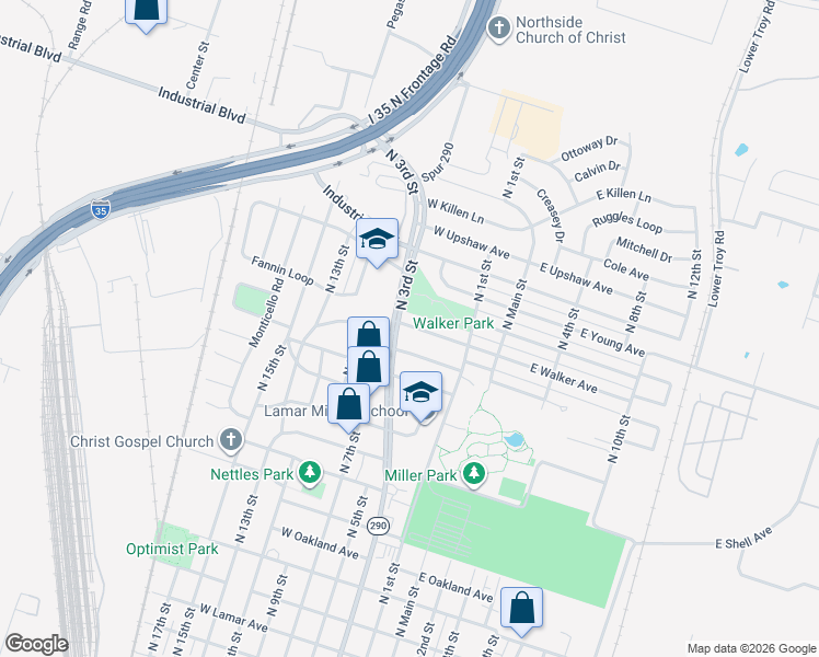 map of restaurants, bars, coffee shops, grocery stores, and more near 305 West Walker Avenue in Temple
