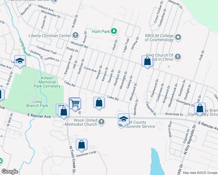 map of restaurants, bars, coffee shops, grocery stores, and more near 1704 Sunset Street in Killeen