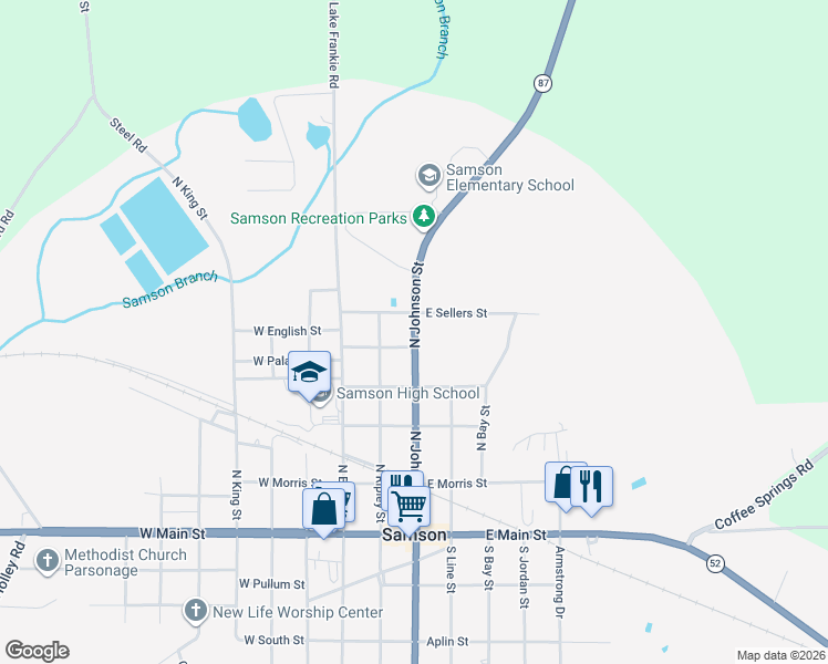 map of restaurants, bars, coffee shops, grocery stores, and more near North Johnson Street in Samson