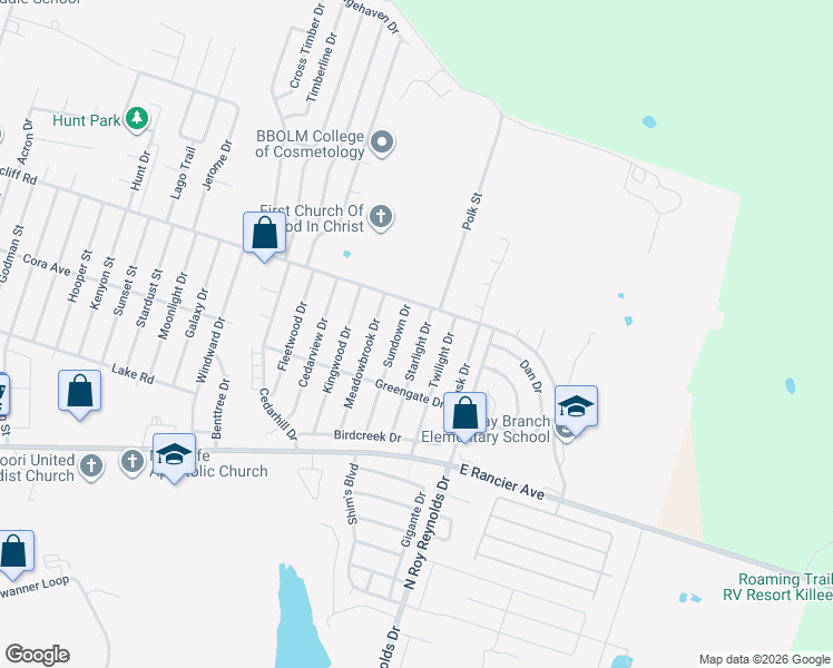 map of restaurants, bars, coffee shops, grocery stores, and more near 2002 Starlight Drive in Killeen