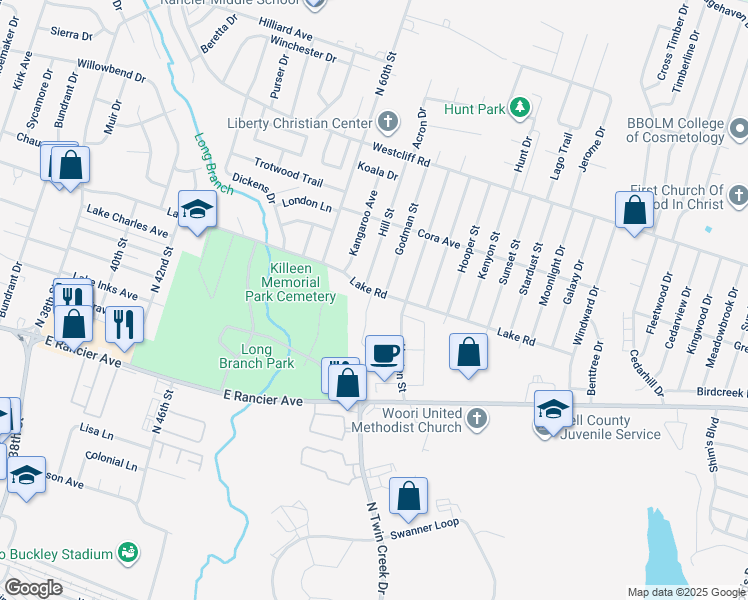 map of restaurants, bars, coffee shops, grocery stores, and more near 4110 Lake Road in Killeen