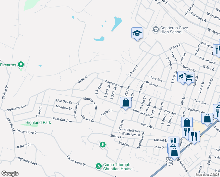 map of restaurants, bars, coffee shops, grocery stores, and more near 1104 South 27th Street in Copperas Cove