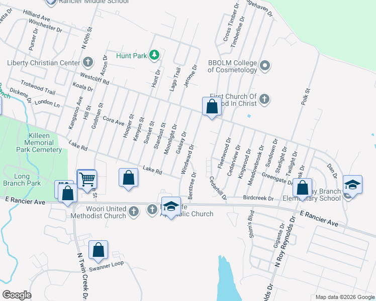 map of restaurants, bars, coffee shops, grocery stores, and more near 1904 Windward Drive in Killeen