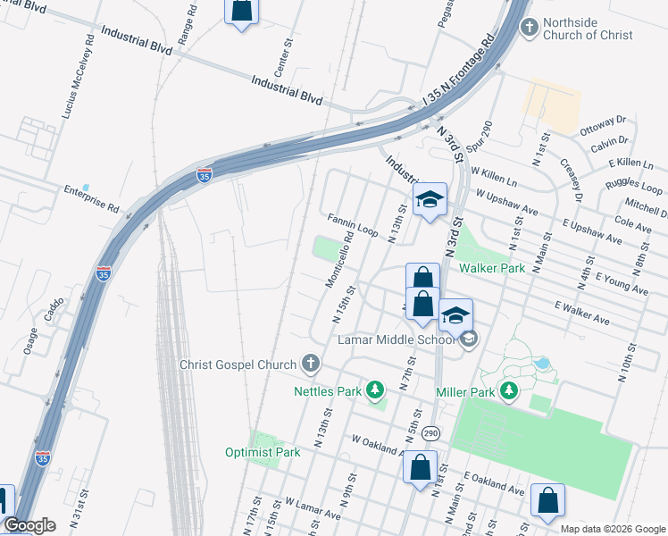 map of restaurants, bars, coffee shops, grocery stores, and more near 913 Erath Drive in Temple