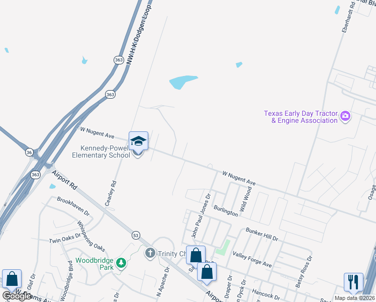 map of restaurants, bars, coffee shops, grocery stores, and more near 3406 West Nugent Avenue in Temple