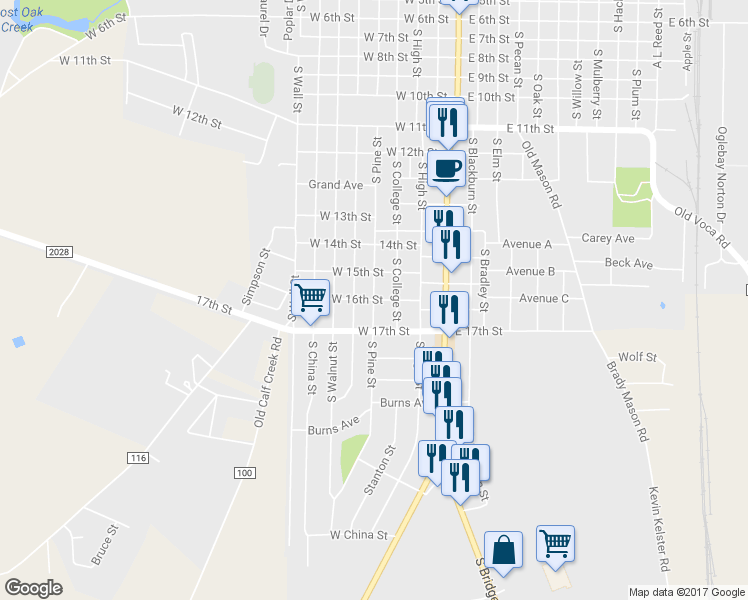map of restaurants, bars, coffee shops, grocery stores, and more near 1800 South Pine Street in Brady