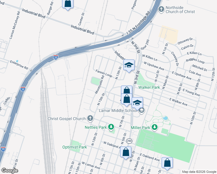 map of restaurants, bars, coffee shops, grocery stores, and more near 2315 Monticello Road in Temple