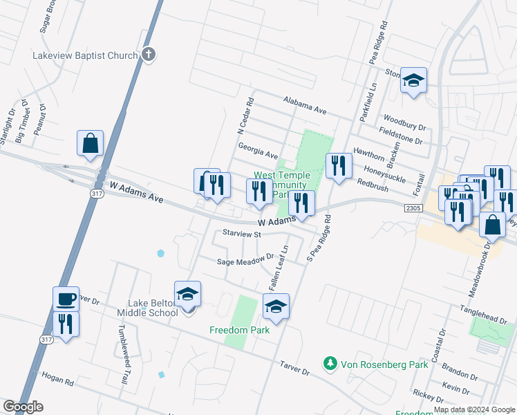 map of restaurants, bars, coffee shops, grocery stores, and more near 8515 Kansas Avenue in Temple