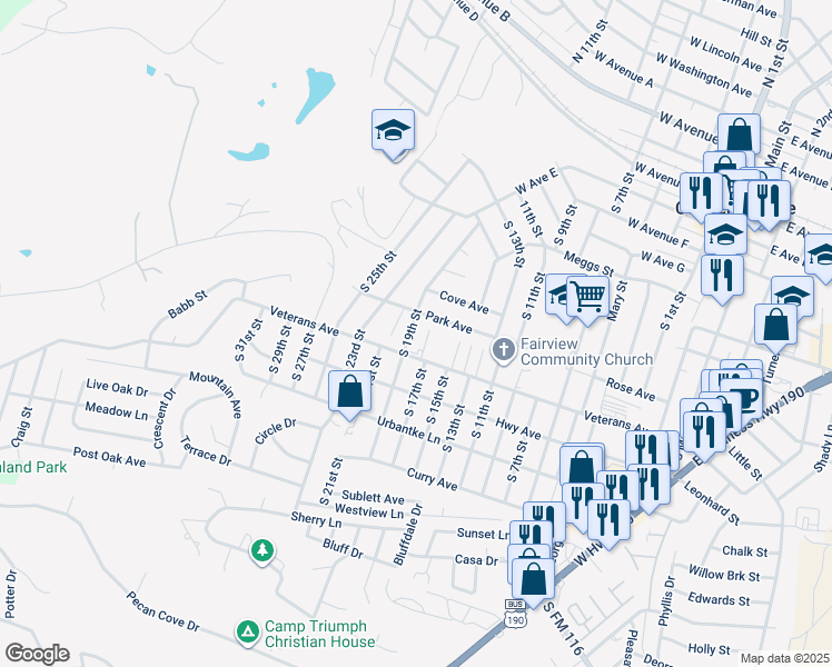 map of restaurants, bars, coffee shops, grocery stores, and more near 1005 Park Avenue in Copperas Cove
