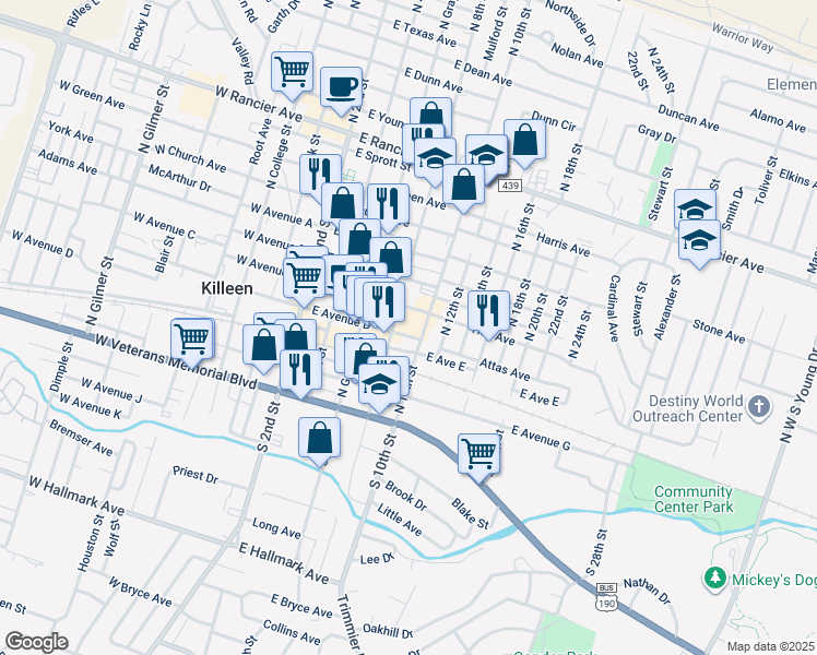 map of restaurants, bars, coffee shops, grocery stores, and more near 319 North 8th Street in Killeen