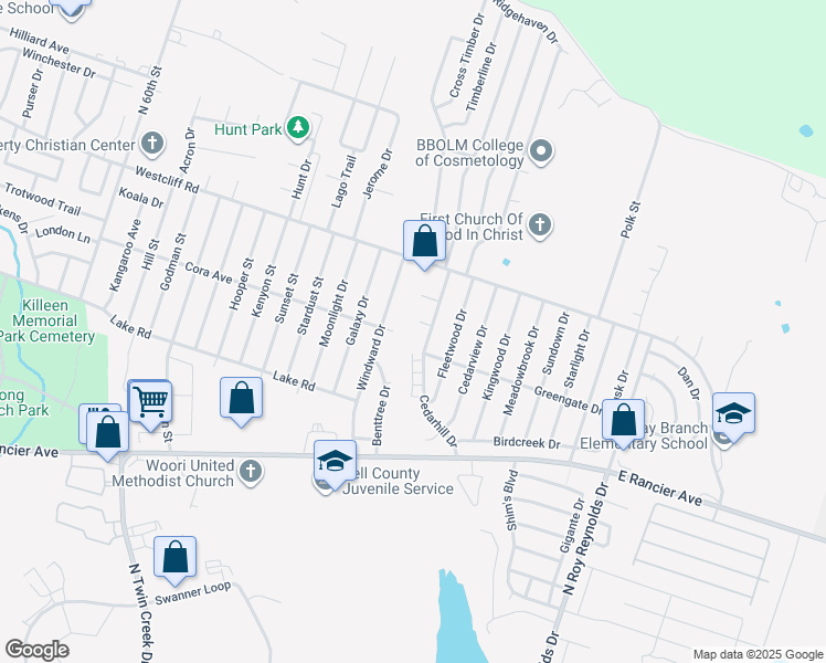 map of restaurants, bars, coffee shops, grocery stores, and more near 2001 Cedarhill Drive in Killeen