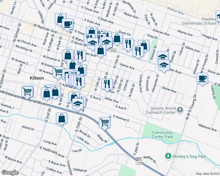 map of restaurants, bars, coffee shops, grocery stores, and more near 419 North 18th Street in Killeen