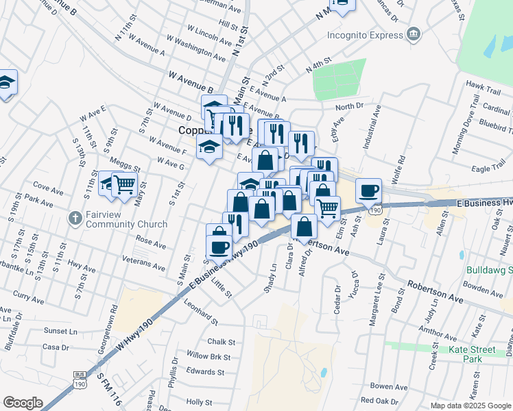 map of restaurants, bars, coffee shops, grocery stores, and more near 302 Carpenter Street in Copperas Cove