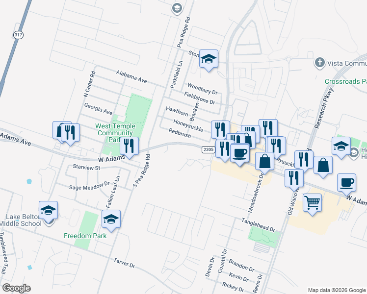 map of restaurants, bars, coffee shops, grocery stores, and more near 8151 West Adams Avenue in Temple