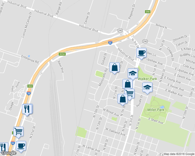 map of restaurants, bars, coffee shops, grocery stores, and more near 913 Erath Drive in Temple