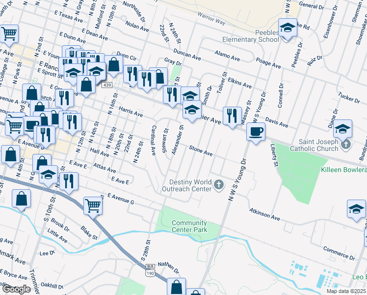 map of restaurants, bars, coffee shops, grocery stores, and more near 701 Alexander Street in Killeen