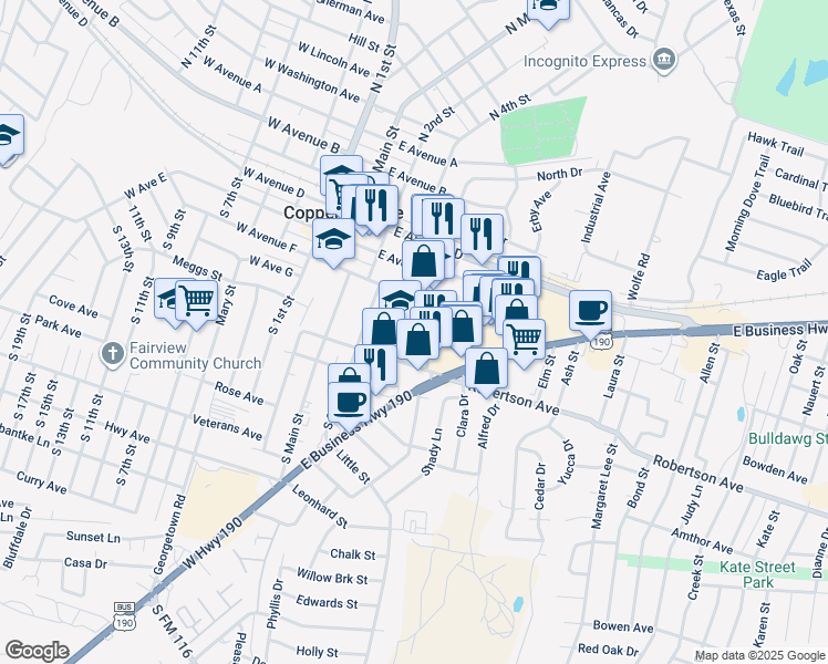 map of restaurants, bars, coffee shops, grocery stores, and more near 304 Carpenter Street in Copperas Cove