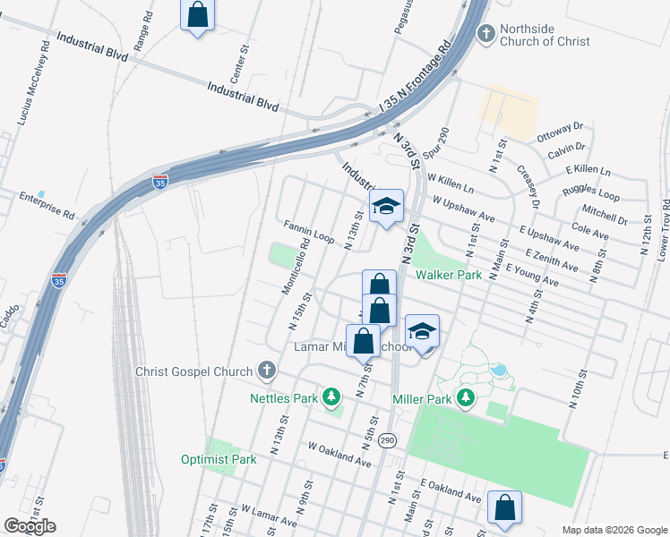 map of restaurants, bars, coffee shops, grocery stores, and more near 2408 North 13th Street in Temple
