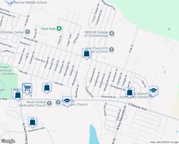 map of restaurants, bars, coffee shops, grocery stores, and more near 2001 Cedarhill Drive in Killeen