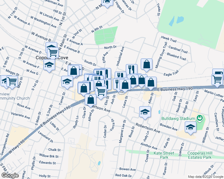 map of restaurants, bars, coffee shops, grocery stores, and more near 802 E Ave D in Copperas Cove