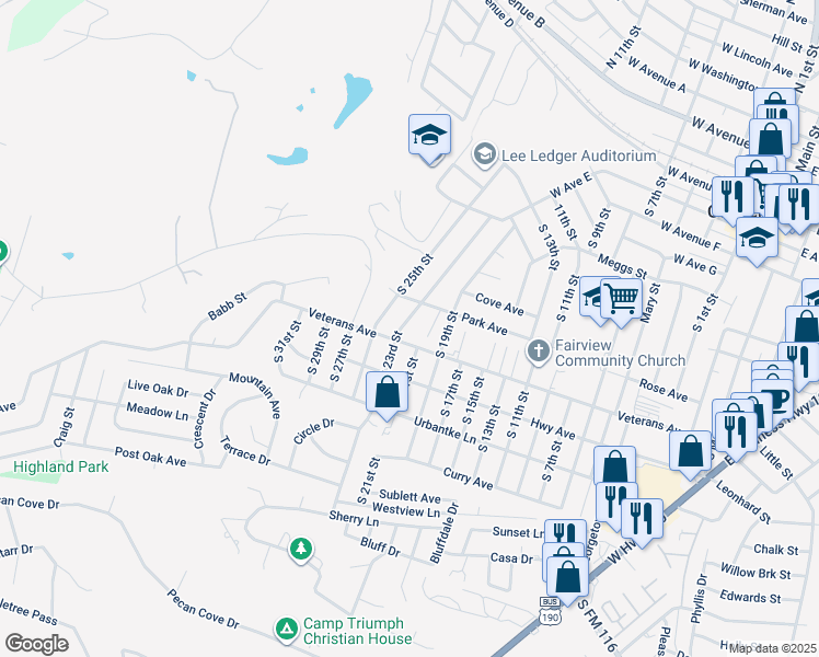 map of restaurants, bars, coffee shops, grocery stores, and more near 905 South 23rd Street in Copperas Cove