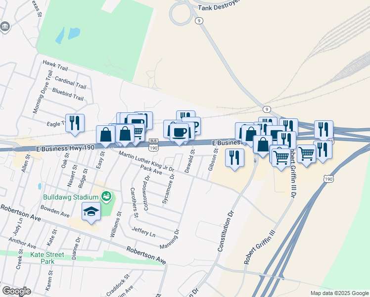map of restaurants, bars, coffee shops, grocery stores, and more near 2524 East Business Highway 190 in Copperas Cove