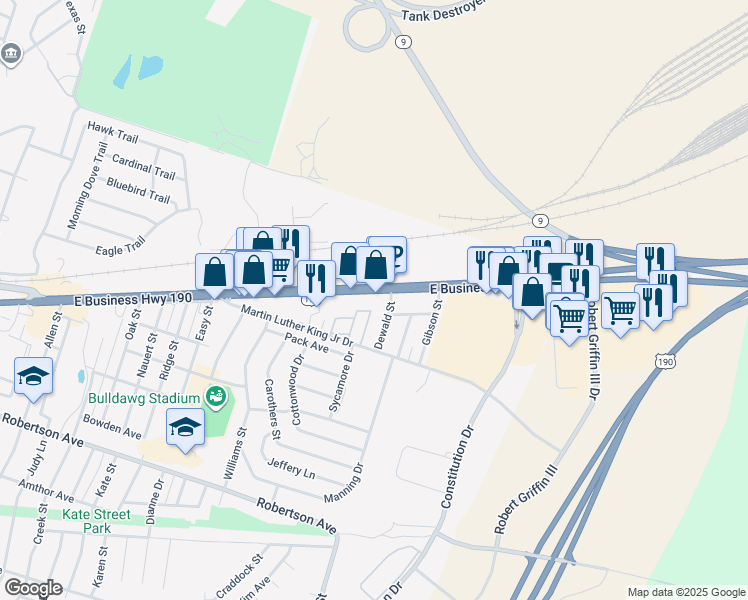 map of restaurants, bars, coffee shops, grocery stores, and more near 2524 East Business Highway 190 in Copperas Cove