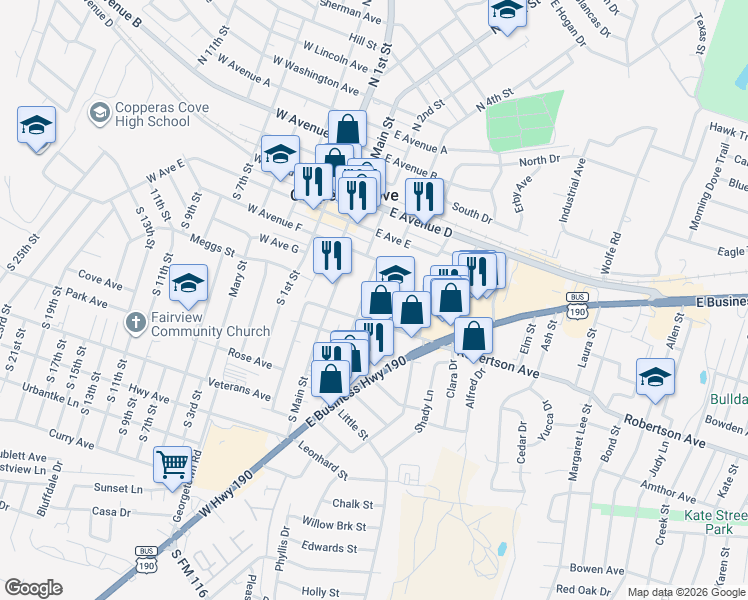 map of restaurants, bars, coffee shops, grocery stores, and more near 411 South 2nd Street in Copperas Cove