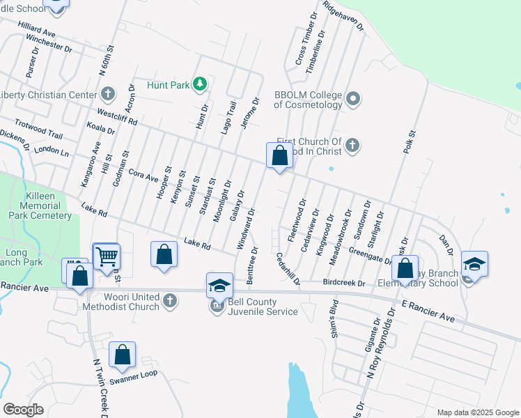 map of restaurants, bars, coffee shops, grocery stores, and more near 1904 Windward Drive in Killeen