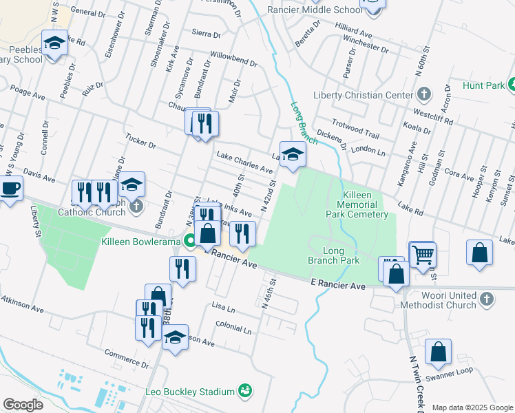 map of restaurants, bars, coffee shops, grocery stores, and more near 3312 Lake Ann Avenue in Killeen