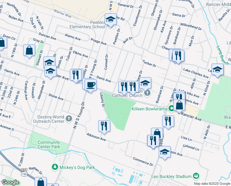 map of restaurants, bars, coffee shops, grocery stores, and more near 1002 Cedar Drive in Killeen