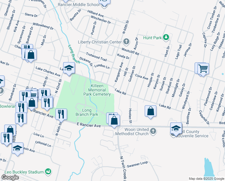 map of restaurants, bars, coffee shops, grocery stores, and more near in Killeen
