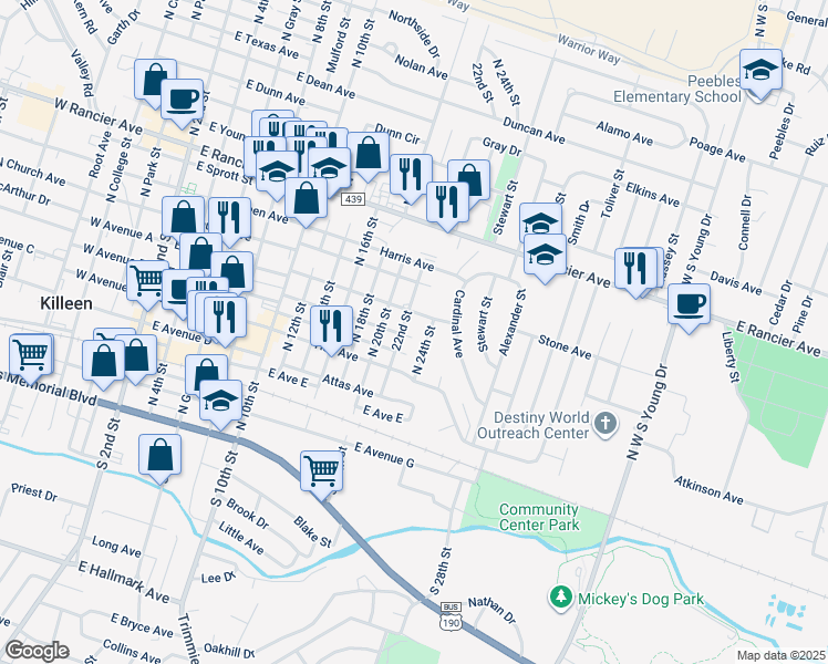 map of restaurants, bars, coffee shops, grocery stores, and more near 610 North 24th Street in Killeen