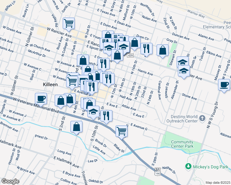 map of restaurants, bars, coffee shops, grocery stores, and more near 413 North 14th Street in Killeen