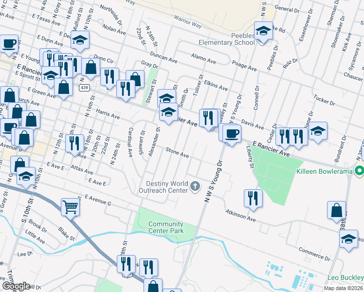 map of restaurants, bars, coffee shops, grocery stores, and more near 708 Crockett Drive in Killeen
