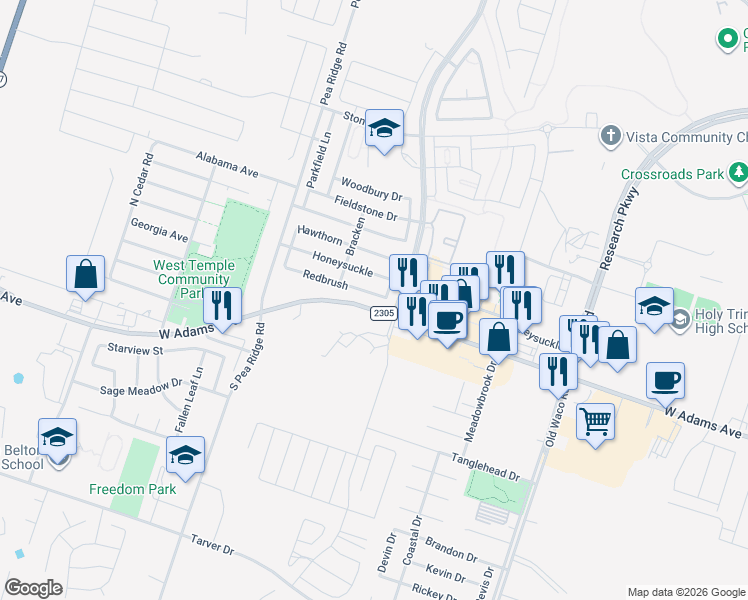 map of restaurants, bars, coffee shops, grocery stores, and more near 7807 Redbrush in Temple