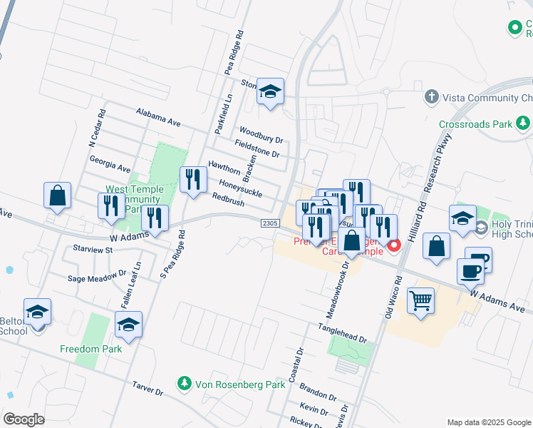 map of restaurants, bars, coffee shops, grocery stores, and more near 7807 Redbrush in Temple