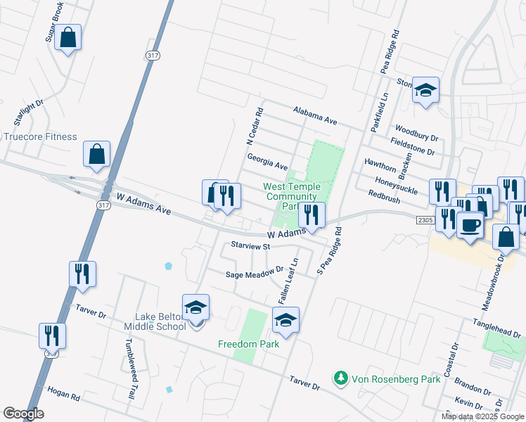 map of restaurants, bars, coffee shops, grocery stores, and more near 8515 Kansas Avenue in Temple