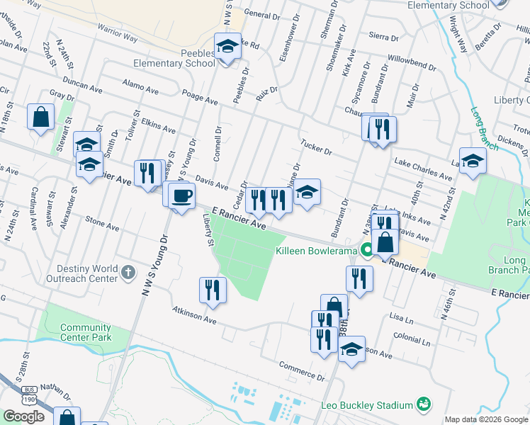 map of restaurants, bars, coffee shops, grocery stores, and more near 1001 Medical Drive in Killeen