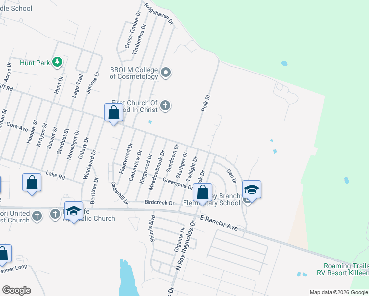 map of restaurants, bars, coffee shops, grocery stores, and more near 2017 Starlight Drive in Killeen