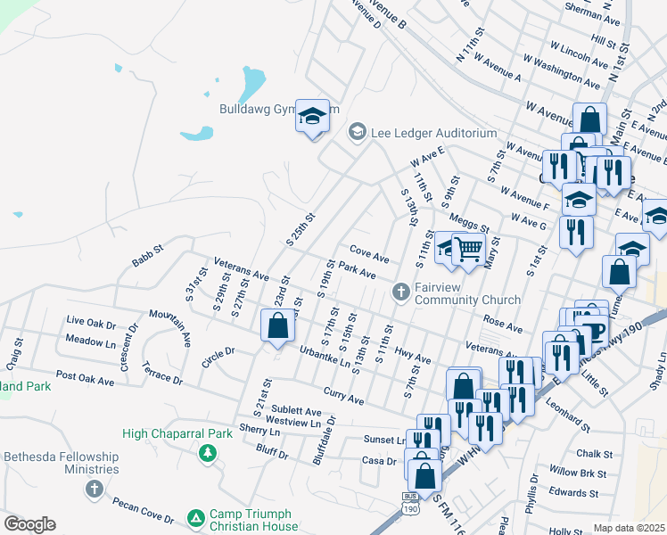 map of restaurants, bars, coffee shops, grocery stores, and more near 1005 Park Avenue in Copperas Cove