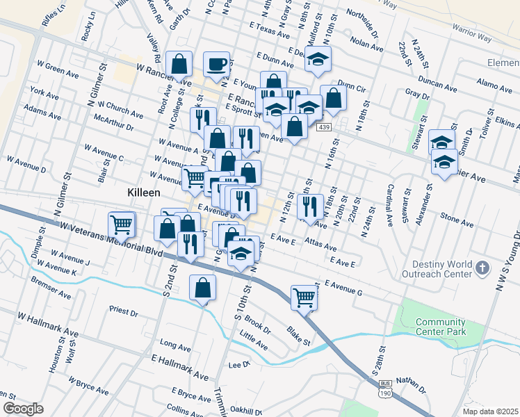 map of restaurants, bars, coffee shops, grocery stores, and more near 319 North 8th Street in Killeen
