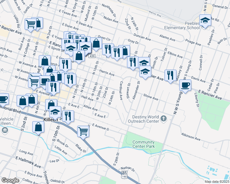 map of restaurants, bars, coffee shops, grocery stores, and more near 610 North 24th Street in Killeen