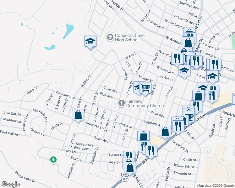 map of restaurants, bars, coffee shops, grocery stores, and more near 803 Cove Avenue in Copperas Cove