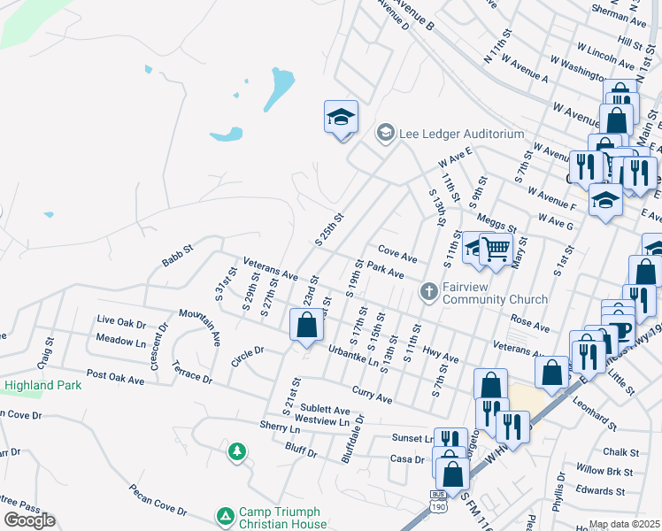 map of restaurants, bars, coffee shops, grocery stores, and more near 905 South 23rd Street in Copperas Cove