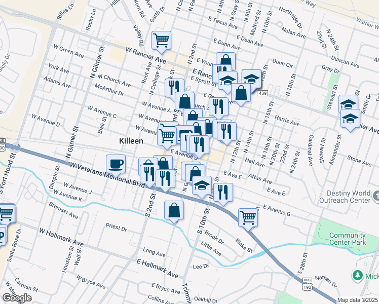 map of restaurants, bars, coffee shops, grocery stores, and more near in Killeen