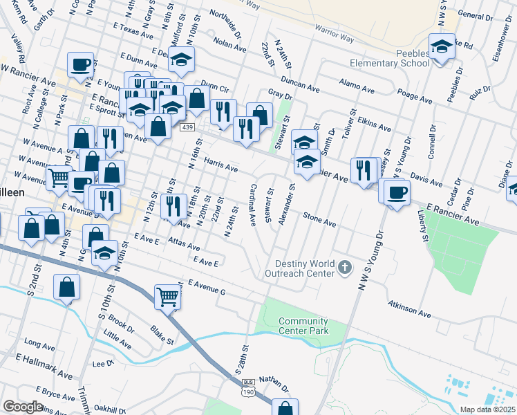 map of restaurants, bars, coffee shops, grocery stores, and more near 609 Stewart Street in Killeen