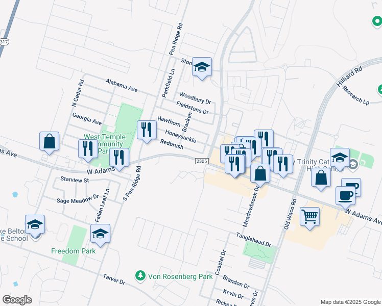map of restaurants, bars, coffee shops, grocery stores, and more near 7807 Redbrush in Temple