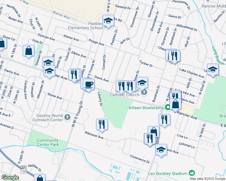 map of restaurants, bars, coffee shops, grocery stores, and more near 1002 Cedar Drive in Killeen